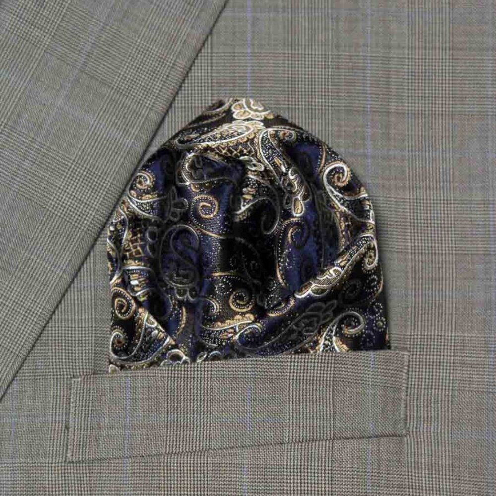 Gascoigne Pocket Square Black White Tan Blue Paisley Scroll Men's